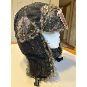 Dakota Dan Plaid Trapper Hat Black & Gray Faux Fur Lined Winter Aviator Hat